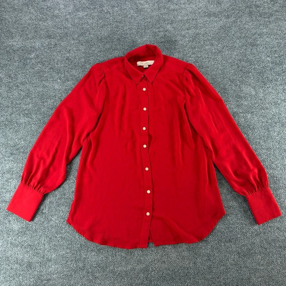 Loft Women Red Long Sleeve Button Down Blouse Puff Shoulder Top XS Colorful bold